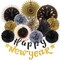 Gold Black Happy New Year Party Decorations with Happy New Year Banner Paper Fans Tissue Pom Poms Decorations New Year Eve Party Supplies 2025
